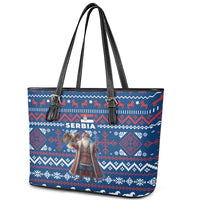 Serbia Christmas Leather Tote Bag with Traditional Santa Eagle Serbian Coat of Arms and Blue Red White Folk Pattern Design - Wonder Print Shop