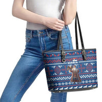 Serbia Christmas Leather Tote Bag with Traditional Santa Eagle Serbian Coat of Arms and Blue Red White Folk Pattern Design - Wonder Print Shop