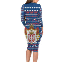 Serbia Christmas Long Sleeve Bodycon Dress with Traditional Santa Eagle Serbian Coat of Arms and Blue Red White Folk Pattern Design - Wonder Print Shop