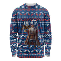 Serbia Christmas Long Sleeve Shirt with Traditional Santa Eagle Serbian Coat of Arms and Blue Red White Folk Pattern Design - Wonder Print Shop