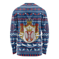 Serbia Christmas Long Sleeve Shirt with Traditional Santa Eagle Serbian Coat of Arms and Blue Red White Folk Pattern Design - Wonder Print Shop