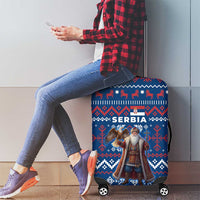 Serbia Christmas Luggage Cover with Traditional Santa Eagle Serbian Coat of Arms and Blue Red White Folk Pattern Design - Wonder Print Shop