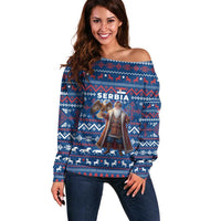 Serbia Christmas Off Shoulder Sweater with Traditional Santa Eagle Serbian Coat of Arms and Blue Red White Folk Pattern Design - Wonder Print Shop