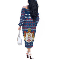 Serbia Christmas Off The Shoulder Long Sleeve Dress with Traditional Santa Eagle Serbian Coat of Arms and Blue Red White Folk Pattern Design - Wonder Print Shop