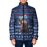 Serbia Christmas Padded Jacket with Traditional Santa Eagle Serbian Coat of Arms and Blue Red White Folk Pattern Design - Wonder Print Shop
