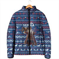 Serbia Christmas Padded Jacket with Traditional Santa Eagle Serbian Coat of Arms and Blue Red White Folk Pattern Design - Wonder Print Shop