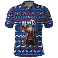 Serbia Christmas Polo Shirt with Traditional Santa Eagle Serbian Coat of Arms and Blue Red White Folk Pattern Design - Wonder Print Shop