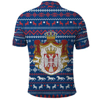 Serbia Christmas Polo Shirt with Traditional Santa Eagle Serbian Coat of Arms and Blue Red White Folk Pattern Design - Wonder Print Shop