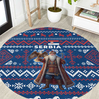 Serbia Christmas Round Carpet with Traditional Santa Eagle Serbian Coat of Arms and Blue Red White Folk Pattern Design - Wonder Print Shop