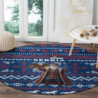 Serbia Christmas Round Carpet with Traditional Santa Eagle Serbian Coat of Arms and Blue Red White Folk Pattern Design - Wonder Print Shop