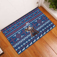 Serbia Christmas Rubber Doormat with Traditional Santa Eagle Serbian Coat of Arms and Blue Red White Folk Pattern Design - Wonder Print Shop