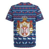 Serbia Christmas Rugby Jersey with Traditional Santa Eagle Serbian Coat of Arms and Blue Red White Folk Pattern Design - Wonder Print Shop
