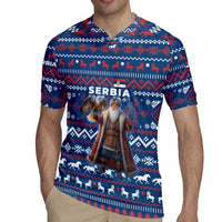 Serbia Christmas Rugby Jersey with Traditional Santa Eagle Serbian Coat of Arms and Blue Red White Folk Pattern Design - Wonder Print Shop