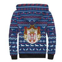Serbia Christmas Sherpa Hoodie with Traditional Santa Eagle Serbian Coat of Arms and Blue Red White Folk Pattern Design - Wonder Print Shop