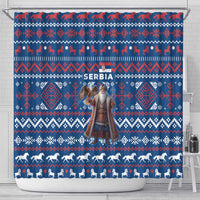 Serbia Christmas Shower Curtain with Traditional Santa Eagle Serbian Coat of Arms and Blue Red White Folk Pattern Design - Wonder Print Shop
