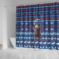 Serbia Christmas Shower Curtain with Traditional Santa Eagle Serbian Coat of Arms and Blue Red White Folk Pattern Design - Wonder Print Shop