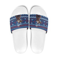 Serbia Christmas Slide Sandals with Traditional Santa Eagle Serbian Coat of Arms and Blue Red White Folk Pattern Design - Wonder Print Shop