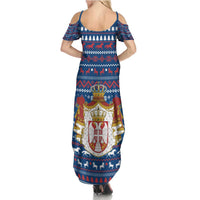 Serbia Christmas Summer Maxi Dress with Traditional Santa Eagle Serbian Coat of Arms and Blue Red White Folk Pattern Design - Wonder Print Shop