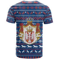 Serbia Christmas T Shirt with Traditional Santa Eagle Serbian Coat of Arms and Blue Red White Folk Pattern Design - Wonder Print Shop