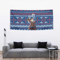 Serbia Christmas Tapestry with Traditional Santa Eagle Serbian Coat of Arms and Blue Red White Folk Pattern Design - Wonder Print Shop