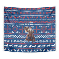 Serbia Christmas Tapestry with Traditional Santa Eagle Serbian Coat of Arms and Blue Red White Folk Pattern Design - Wonder Print Shop