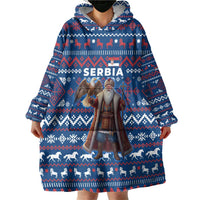 Serbia Christmas Wearable Blanket Hoodie with Traditional Santa Eagle Serbian Coat of Arms and Blue Red White Folk Pattern Design - Wonder Print Shop
