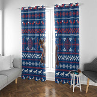 Serbia Christmas Window Curtain with Traditional Santa Eagle Serbian Coat of Arms and Blue Red White Folk Pattern Design - Wonder Print Shop