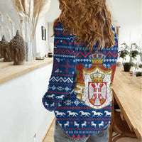 Serbia Christmas Women Casual Shirt with Traditional Santa Eagle Serbian Coat of Arms and Blue Red White Folk Pattern Design - Wonder Print Shop