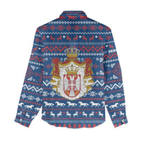 Serbia Christmas Women Casual Shirt with Traditional Santa Eagle Serbian Coat of Arms and Blue Red White Folk Pattern Design - Wonder Print Shop