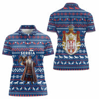 Serbia Christmas Women Polo Shirt with Traditional Santa Eagle Serbian Coat of Arms and Blue Red White Folk Pattern Design - Wonder Print Shop