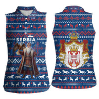 Serbia Christmas Women Sleeveless Polo Shirt with Traditional Santa Eagle Serbian Coat of Arms and Blue Red White Folk Pattern Design - Wonder Print Shop