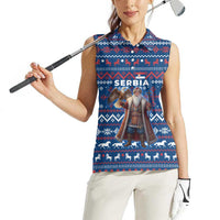 Serbia Christmas Women Sleeveless Polo Shirt with Traditional Santa Eagle Serbian Coat of Arms and Blue Red White Folk Pattern Design - Wonder Print Shop