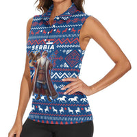 Serbia Christmas Women Sleeveless Polo Shirt with Traditional Santa Eagle Serbian Coat of Arms and Blue Red White Folk Pattern Design - Wonder Print Shop