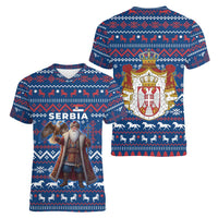 Serbia Christmas Women V-Neck T-Shirt with Traditional Santa Eagle Serbian Coat of Arms and Blue Red White Folk Pattern Design - Wonder Print Shop