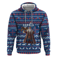 Serbia Christmas Zip Hoodie with Traditional Santa Eagle Serbian Coat of Arms and Blue Red White Folk Pattern Design - Wonder Print Shop