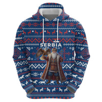 Serbia Christmas Zip Hoodie with Traditional Santa Eagle Serbian Coat of Arms and Blue Red White Folk Pattern Design - Wonder Print Shop