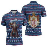 Serbia Christmas Zipper Polo Shirt with Traditional Santa Eagle Serbian Coat of Arms and Blue Red White Folk Pattern Design - Wonder Print Shop