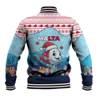 Malta Christmas Baseball Jacket with Santa Fish Malta Flag Coral Reef and Red Blue Festive Pattern Design - Wonder Print Shop