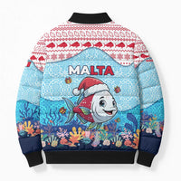 Malta Christmas Bomber Puffer Jacket with Santa Fish Malta Flag Coral Reef and Red Blue Festive Pattern Design - Wonder Print Shop