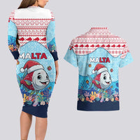 Malta Christmas Couples Matching Long Sleeve Bodycon Dress and Hawaiian Shirt with Santa Fish Malta Flag Coral Reef and Red Blue Festive Pattern Design - Wonder Print Shop