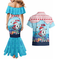 Malta Christmas Couples Matching Mermaid Dress and Hawaiian Shirt with Santa Fish Malta Flag Coral Reef and Red Blue Festive Pattern Design - Wonder Print Shop