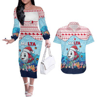 Malta Christmas Couples Matching Off The Shoulder Long Sleeve Dress and Hawaiian Shirt with Santa Fish Malta Flag Coral Reef and Red Blue Festive Pattern Design - Wonder Print Shop