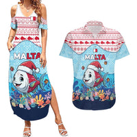 Malta Christmas Couples Matching Summer Maxi Dress and Hawaiian Shirt with Santa Fish Malta Flag Coral Reef and Red Blue Festive Pattern Design - Wonder Print Shop