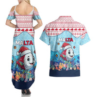 Malta Christmas Couples Matching Summer Maxi Dress and Hawaiian Shirt with Santa Fish Malta Flag Coral Reef and Red Blue Festive Pattern Design - Wonder Print Shop