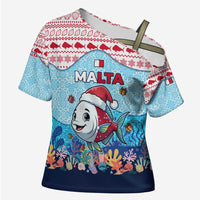 Malta Christmas Cross Shoulder Shirt with Santa Fish Malta Flag Coral Reef and Red Blue Festive Pattern Design - Wonder Print Shop