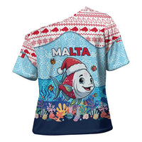 Malta Christmas Cross Shoulder Shirt with Santa Fish Malta Flag Coral Reef and Red Blue Festive Pattern Design - Wonder Print Shop