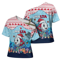 Malta Christmas Cross Shoulder Shirt with Santa Fish Malta Flag Coral Reef and Red Blue Festive Pattern Design - Wonder Print Shop