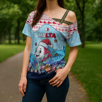Malta Christmas Cross Shoulder Shirt with Santa Fish Malta Flag Coral Reef and Red Blue Festive Pattern Design - Wonder Print Shop