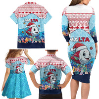 Malta Christmas Family Matching Long Sleeve Bodycon Dress and Hawaiian Shirt with Santa Fish Malta Flag Coral Reef and Red Blue Festive Pattern Design - Wonder Print Shop