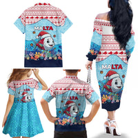 Malta Christmas Family Matching Off The Shoulder Long Sleeve Dress and Hawaiian Shirt with Santa Fish Malta Flag Coral Reef and Red Blue Festive Pattern Design - Wonder Print Shop